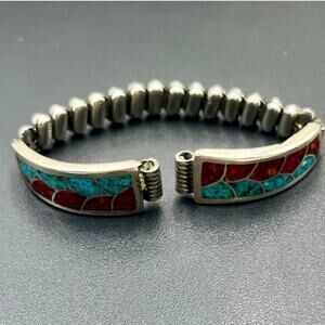 Vintage Native American Sterling‎ Turquoise Coral Expandable Watch Band Bracelet